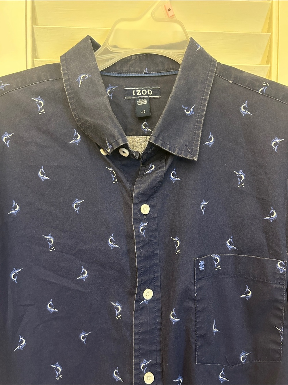 Izod Navy Button-Down Shirt with Small Marlin Print